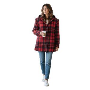 vtg Ms. New Yorker Womens  L Red Buffalo  Black Plaid Hooded Coat Jacket Wool